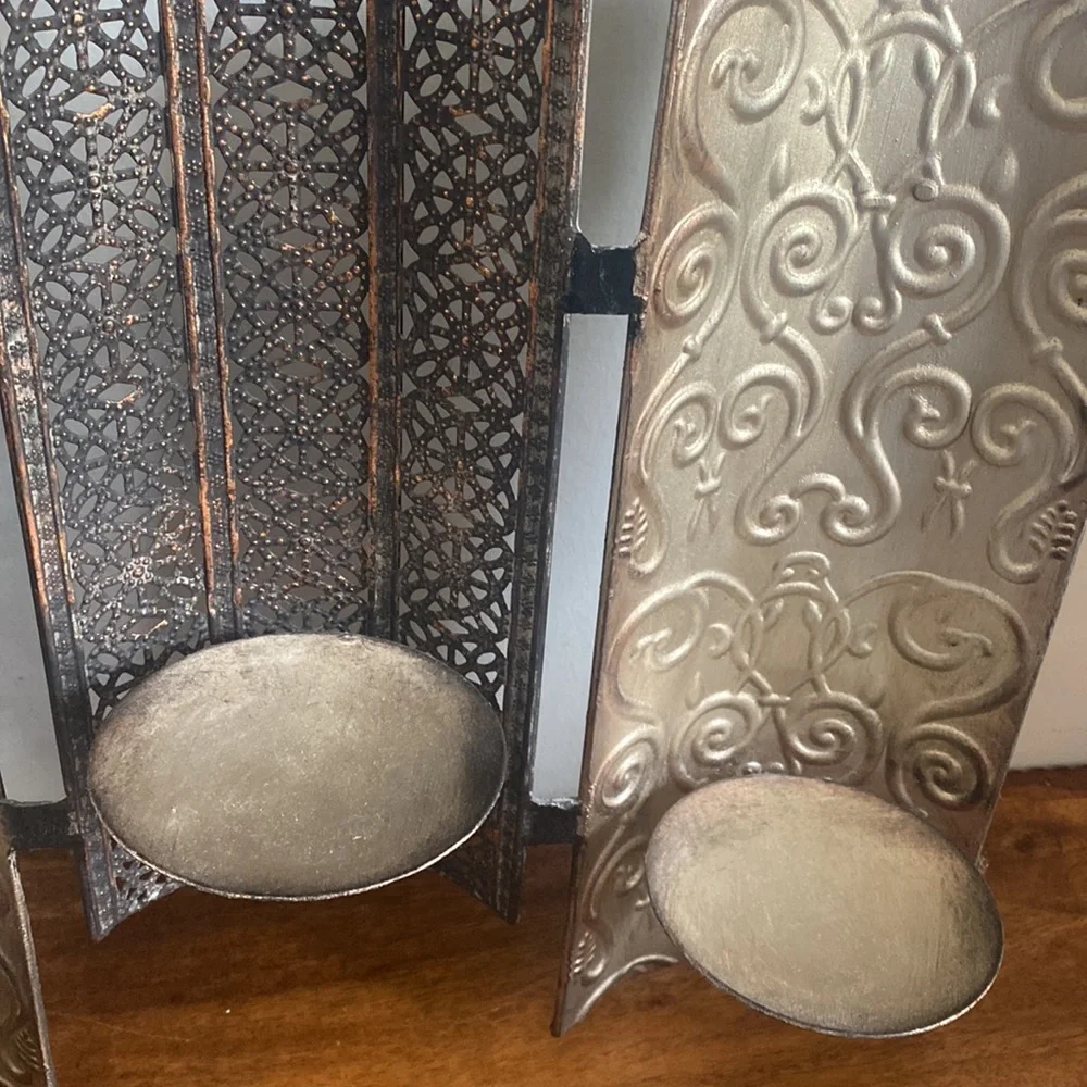 Vintage Pier 1 Metal Scroll Wall Sconce Candle Holder 4 Pillar Earth Tones